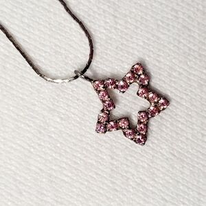 Pink Rhinestone Star Necklace In Silver Tone Setting 17" Chain